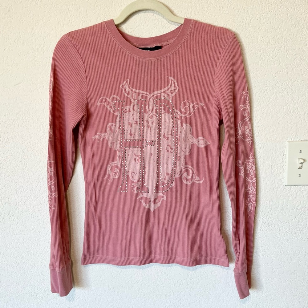 Vintage Y2K 2000s mcbling pink rocker Harley Davidson thermal top